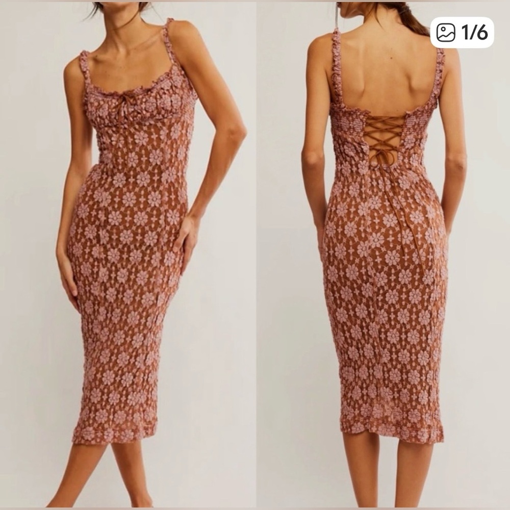 Free People Lucinda Lace Ginger Combo Boho Romantic Ethereal Midi Dress Size M